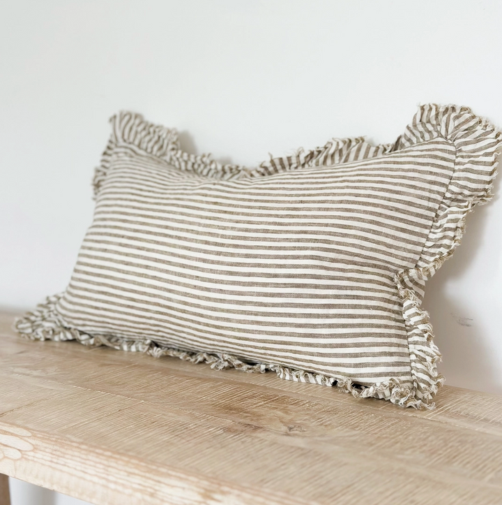 Ellenvale - Ruffled Linen Cushion Cover - Olive Green Stripe (30x50cm)