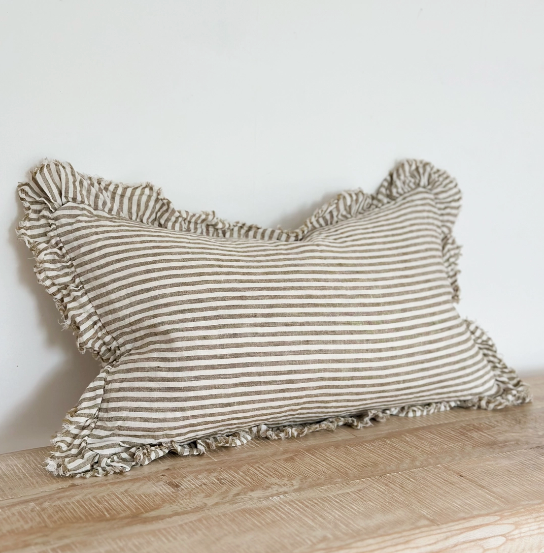 Ellenvale - Ruffled Linen Cushion Cover - Olive Green Stripe (30x50cm)