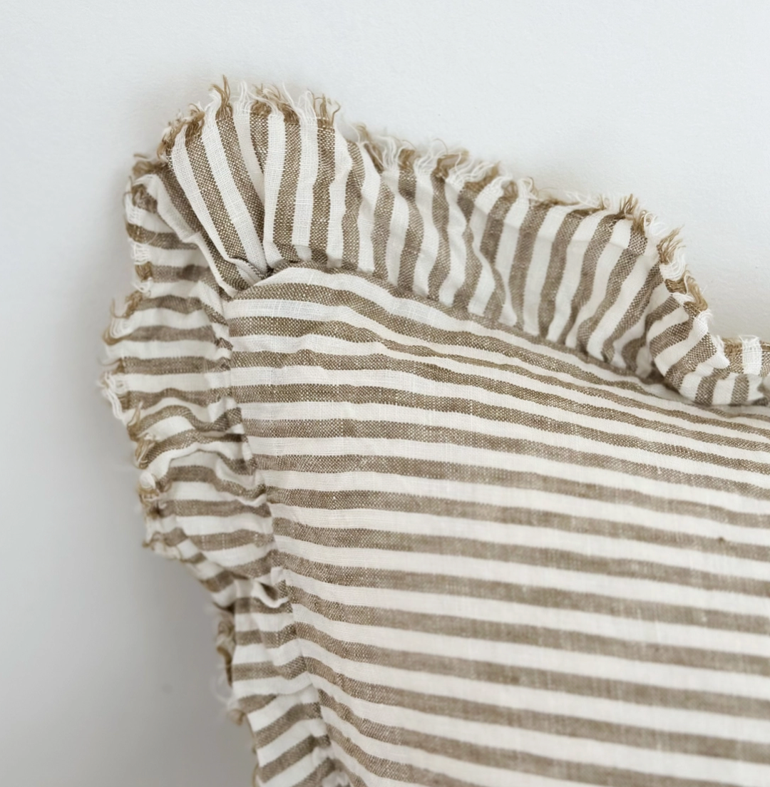 Ellenvale - Ruffled Linen Cushion Cover - Olive Green Stripe (30x50cm)