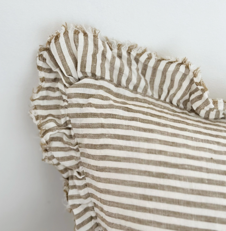 Ellenvale - Ruffled Linen Cushion Cover - Olive Green Stripe (30x50cm)