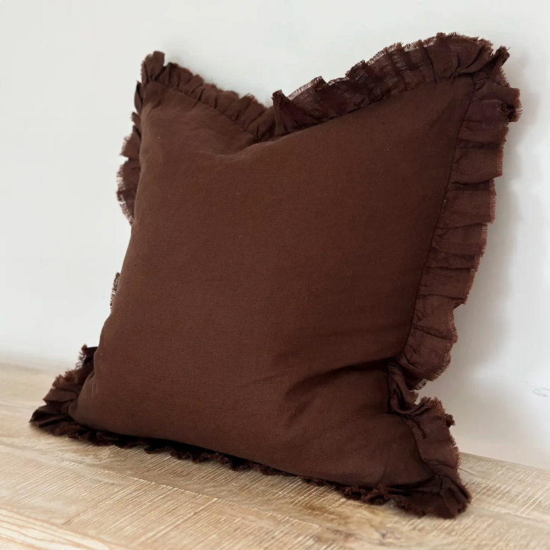 Ellenvale - Ruffled Linen Cushion Cover - Dark Brown