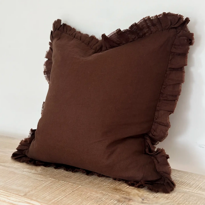 Ellenvale - Ruffled Linen Cushion Cover - Dark Brown