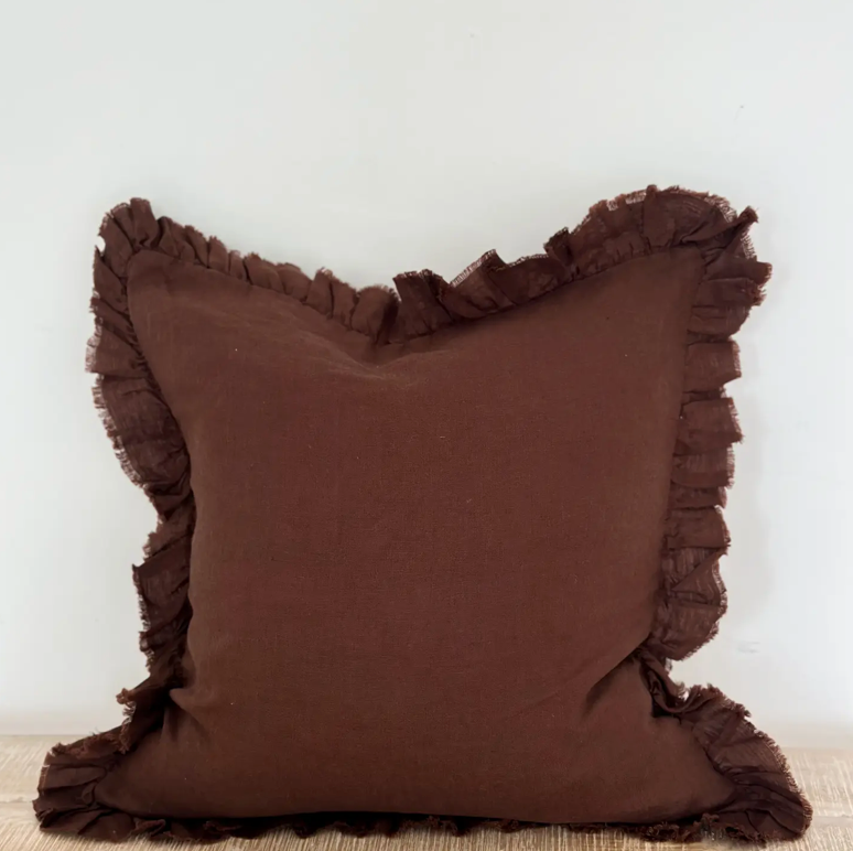 Ellenvale - Ruffled Linen Cushion Cover - Dark Brown