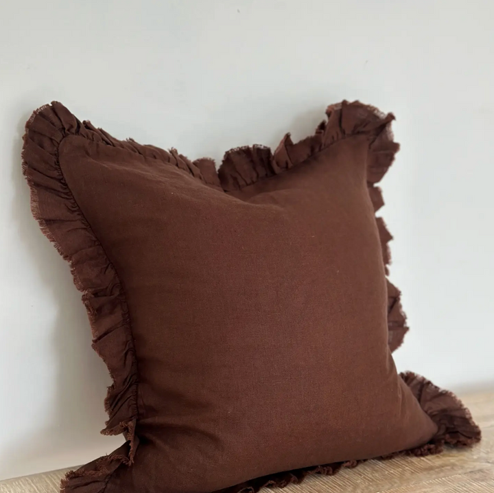 Ellenvale - Ruffled Linen Cushion Cover - Dark Brown