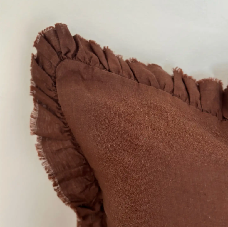 Ellenvale - Ruffled Linen Cushion Cover - Dark Brown
