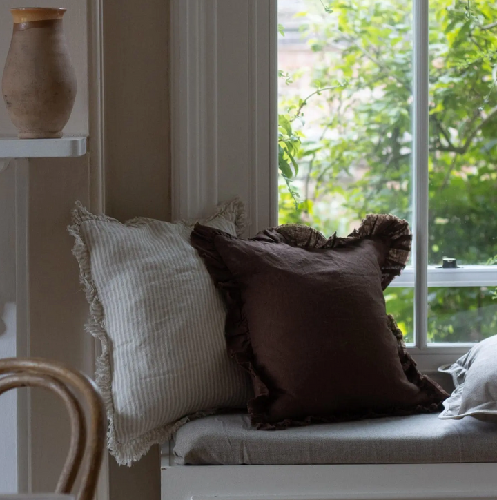 Ellenvale - Ruffled Linen Cushion Cover - Dark Brown