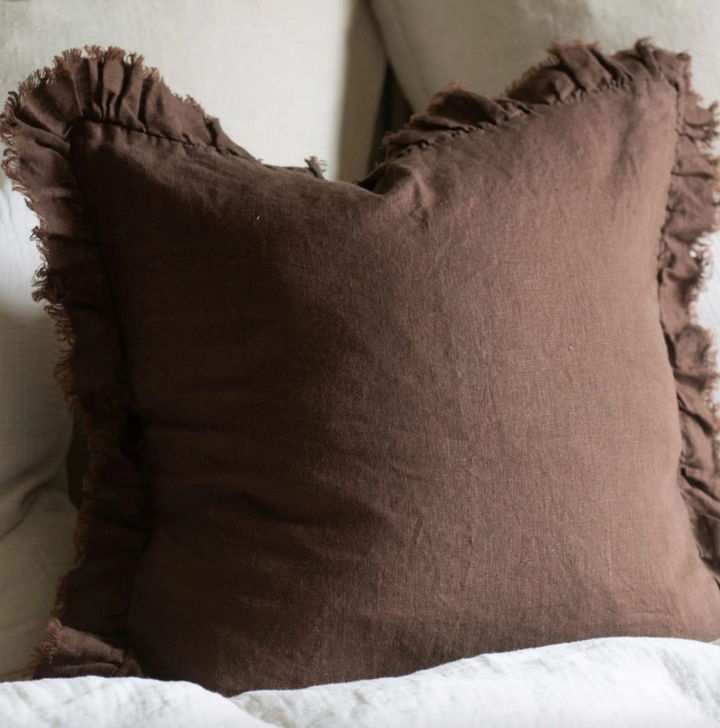 Ellenvale - Ruffled Linen Cushion Cover - Dark Brown