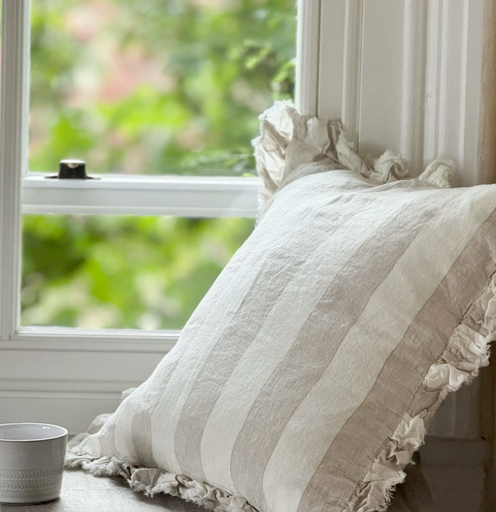 Ellenvale - Ruffled Linen Cushion Cover - Beige Wide Stripe
