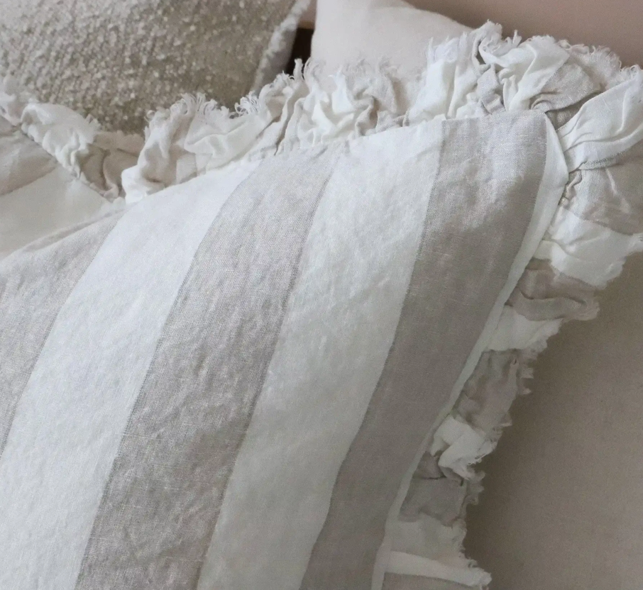 Ellenvale - Ruffled Linen Cushion Cover - Beige Wide Stripe