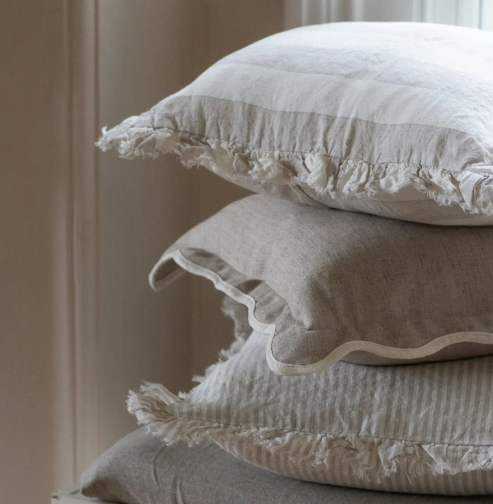 Ellenvale - Ruffled Linen Cushion Cover - Beige Wide Stripe