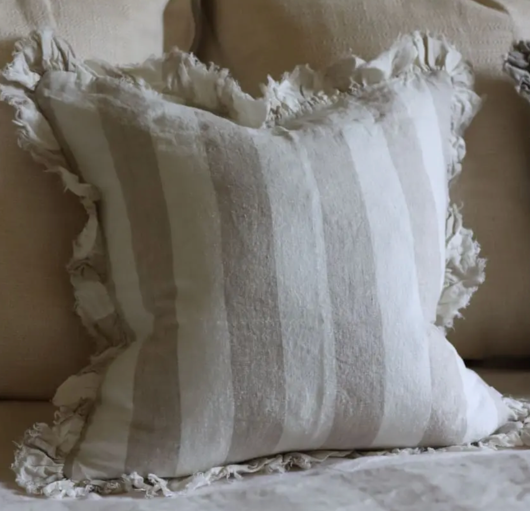 Ellenvale - Ruffled Linen Cushion Cover - Beige Wide Stripe