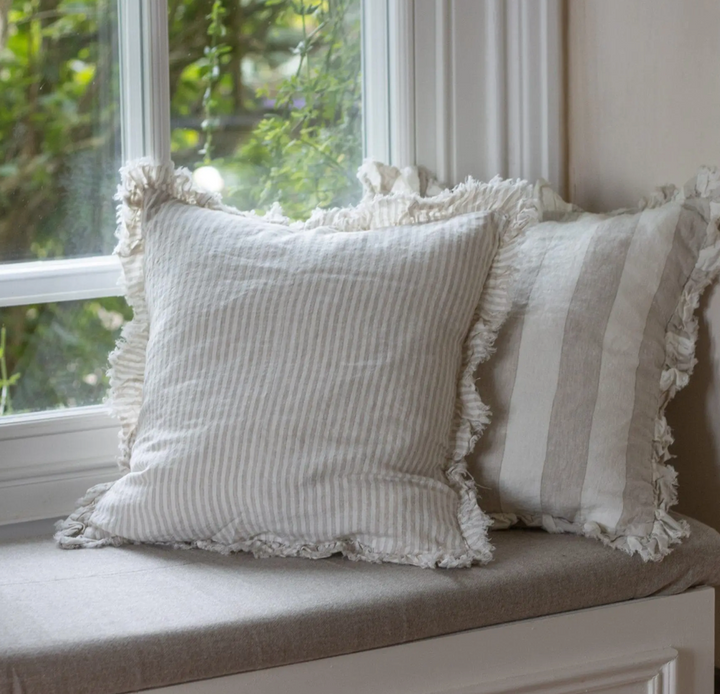 Ellenvale - Ruffled Linen Cushion Cover - Beige Wide Stripe