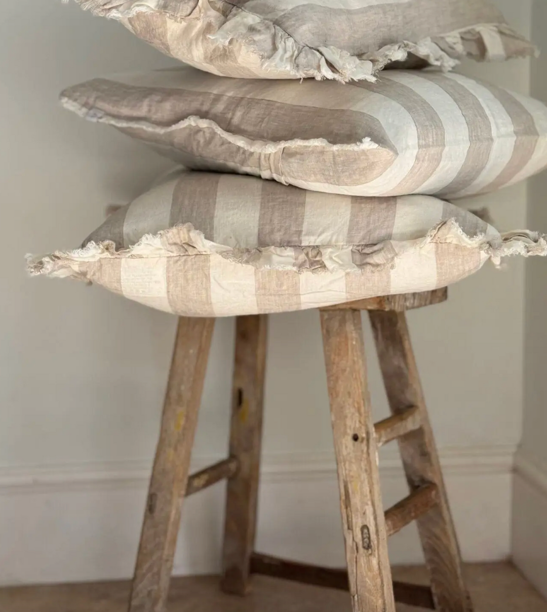 Ellenvale - Ruffled Linen Cushion Cover - Beige Wide Stripe