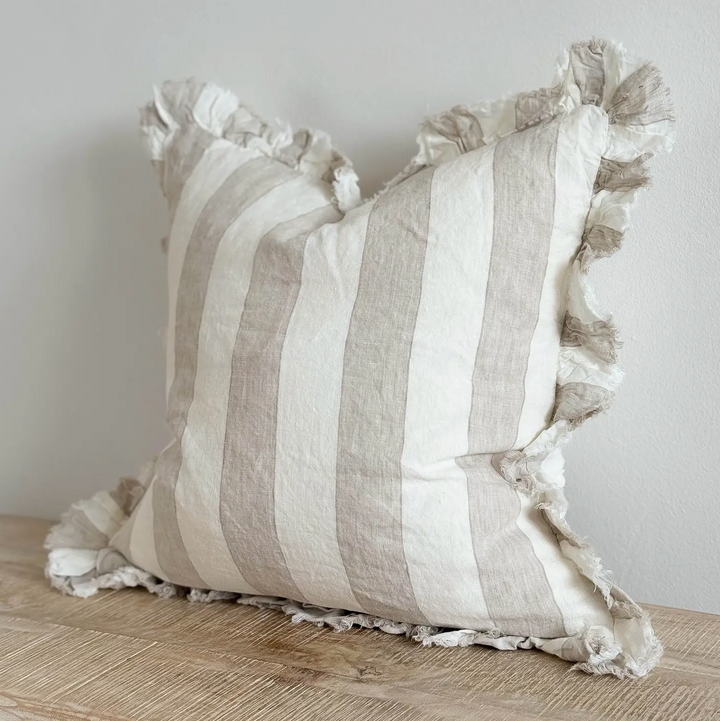 Ellenvale - Ruffled Linen Cushion Cover - Beige Wide Stripe