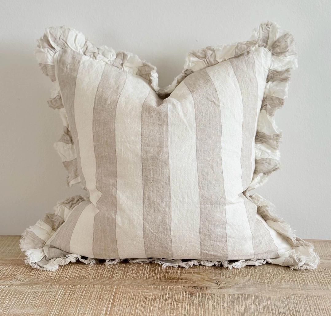 Ellenvale - Ruffled Linen Cushion Cover - Beige Wide Stripe