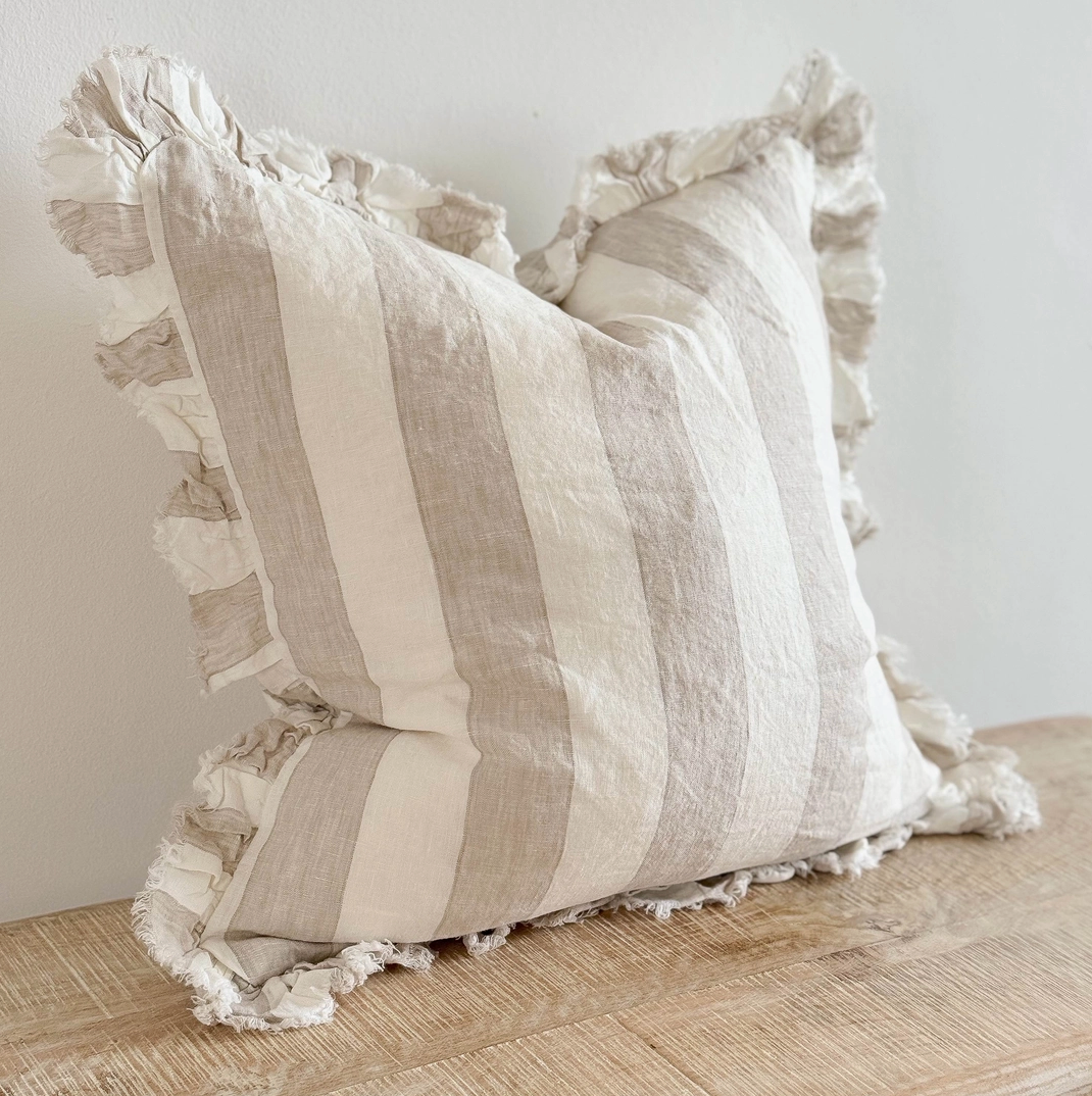 Ellenvale - Ruffled Linen Cushion Cover - Beige Wide Stripe
