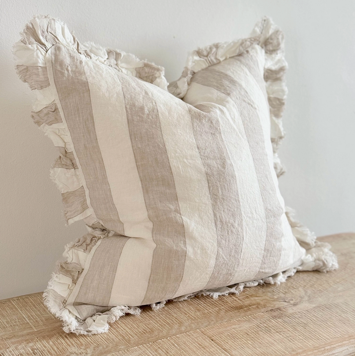 Ellenvale - Ruffled Linen Cushion Cover - Beige Wide Stripe