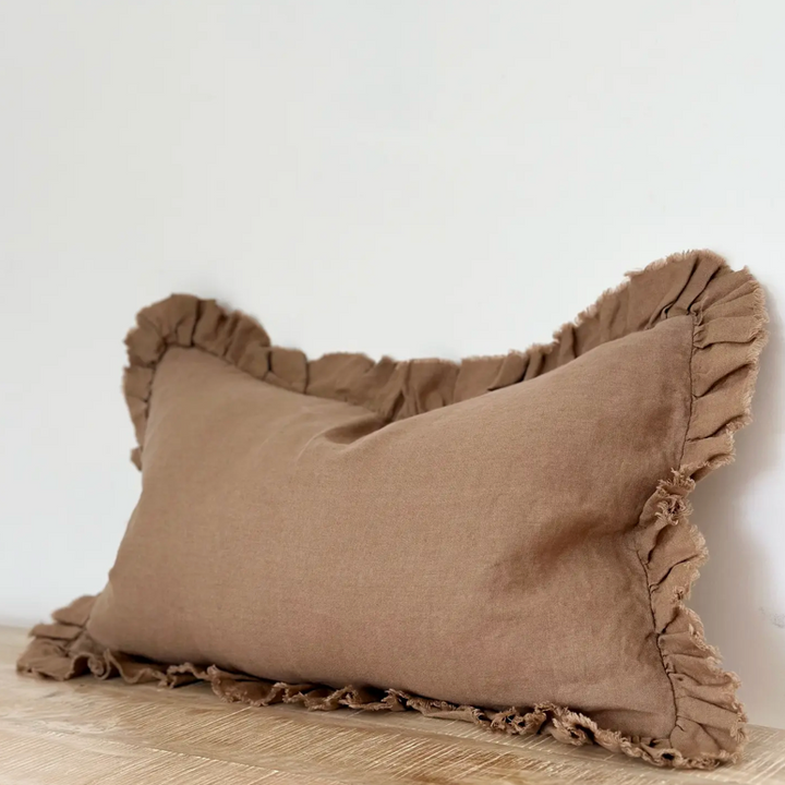 Ellenvale - Ruffled Linen Cushion Cover - Light Brown