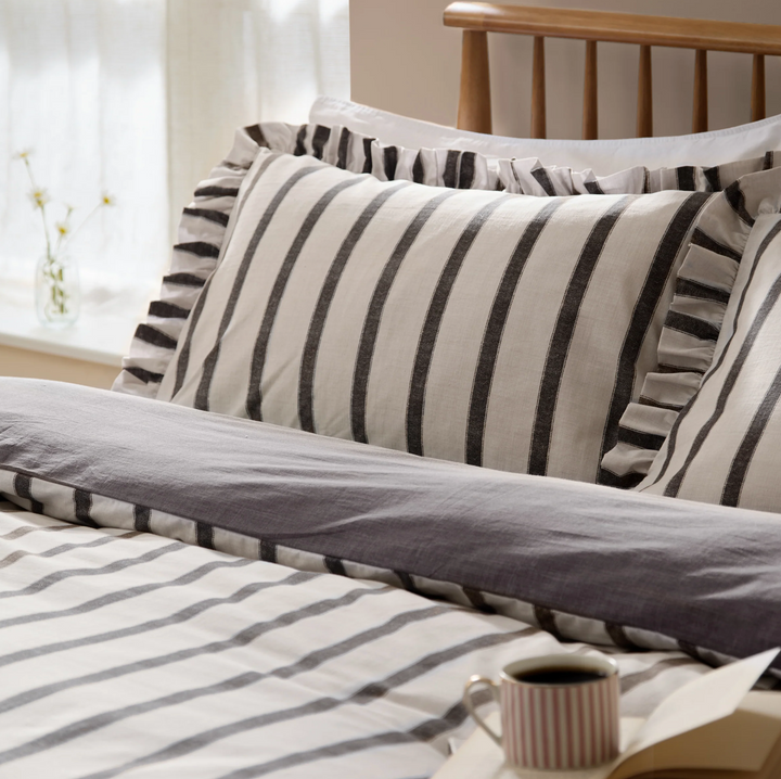 Double Striped Ruffle Duvet Cover Set - Chocolate