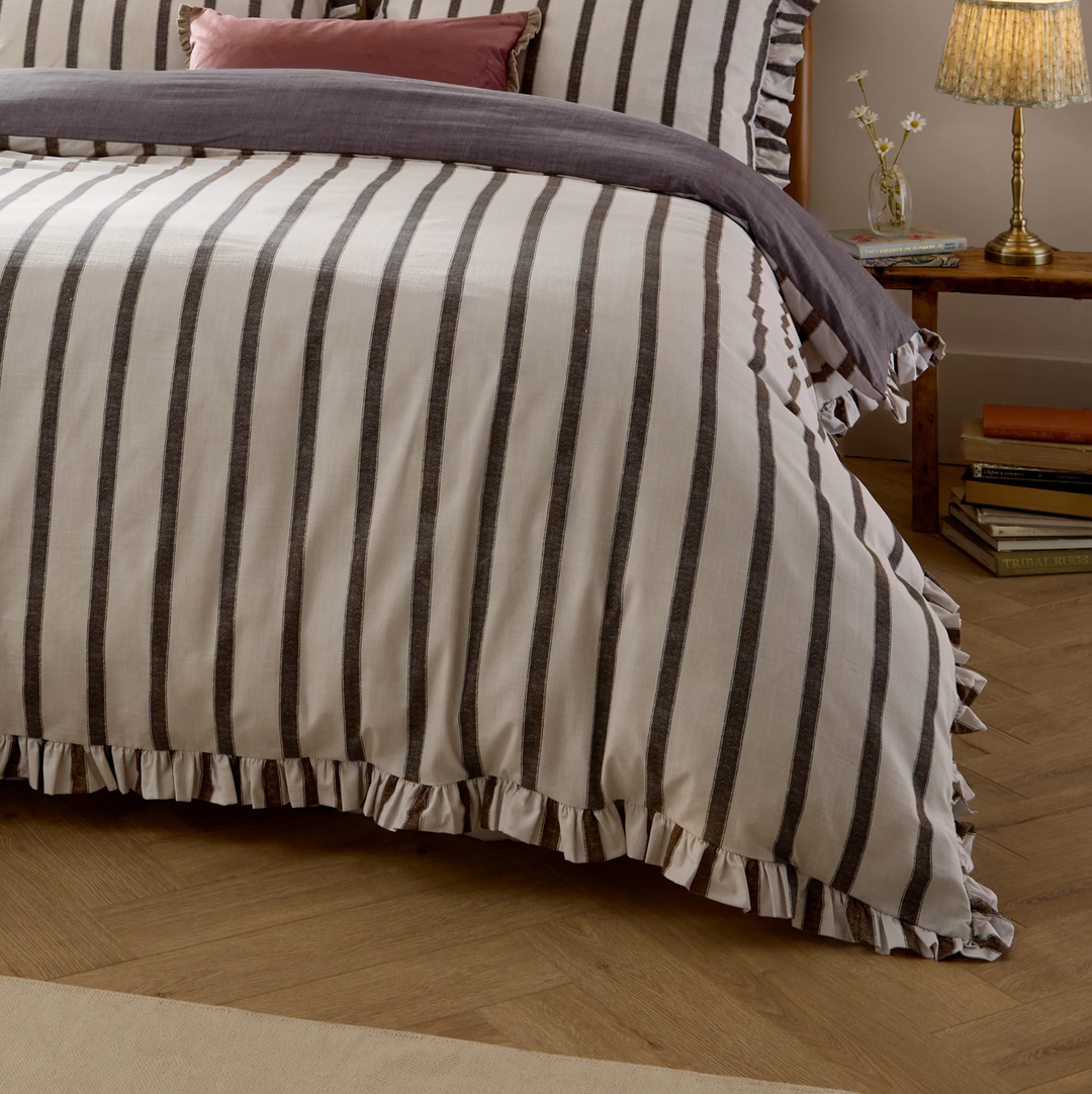Double Striped Ruffle Duvet Cover Set - Chocolate