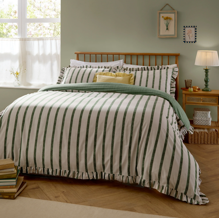 Double Striped Ruffle Duvet Cover Set - Moss Green