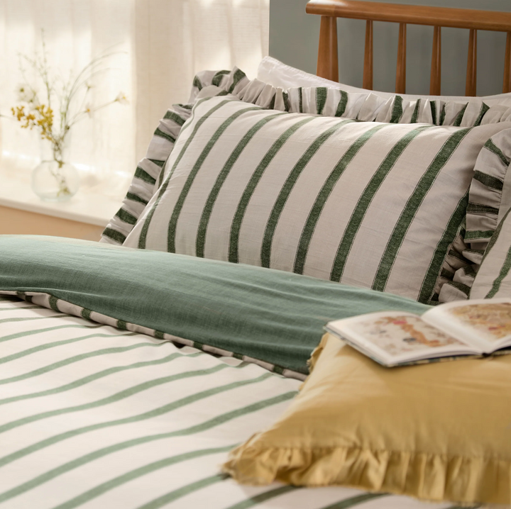 Double Striped Ruffle Duvet Cover Set - Moss Green