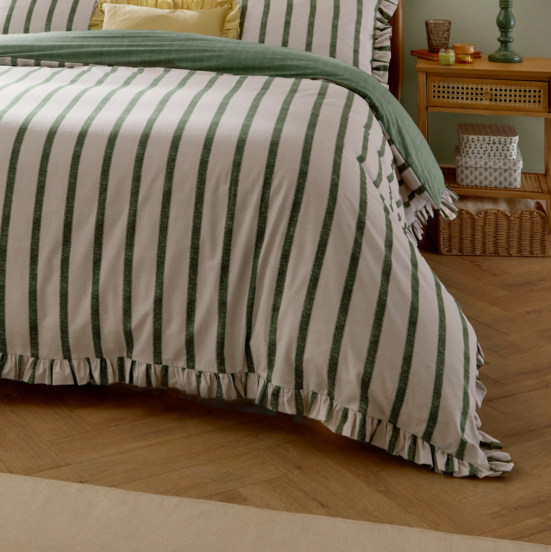 Double Striped Ruffle Duvet Cover Set - Moss Green