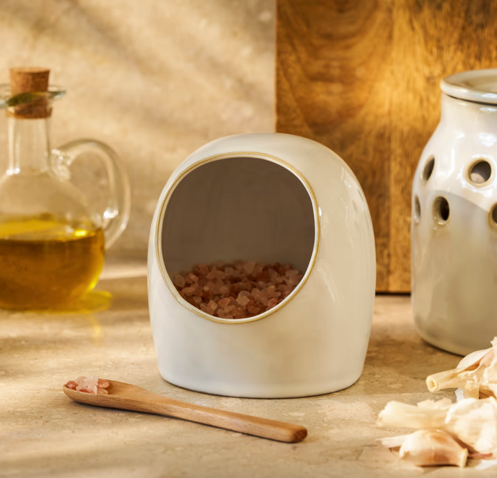 Stoneware Salt Cellar With Wooden Spoon - White