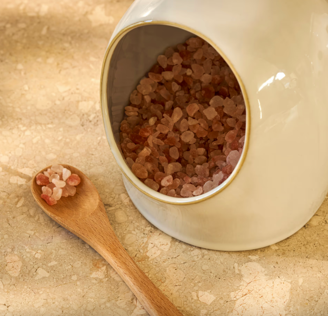 Stoneware Salt Cellar With Wooden Spoon - White