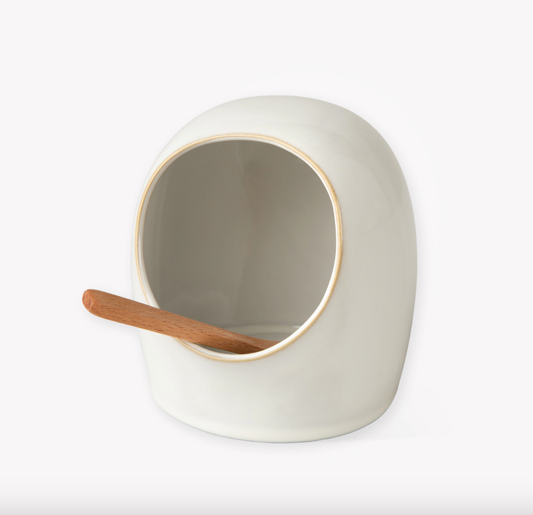 Stoneware Salt Cellar With Wooden Spoon - White