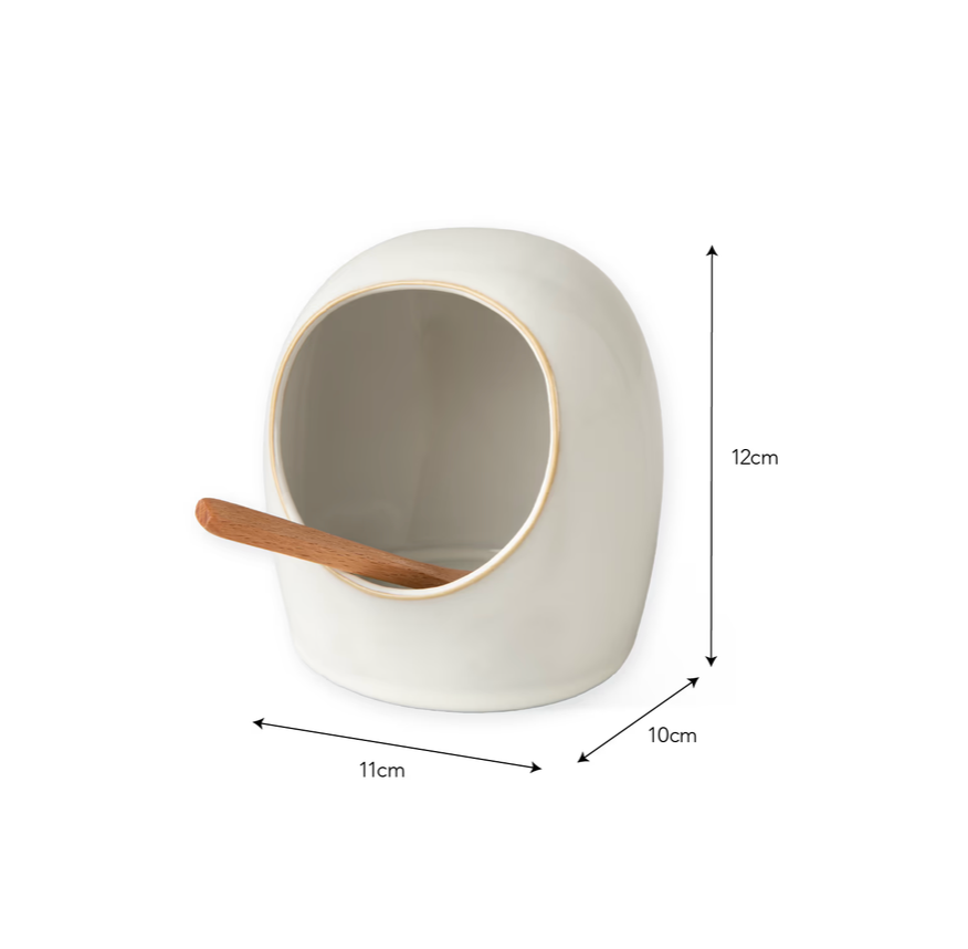 Stoneware Salt Cellar With Wooden Spoon - White