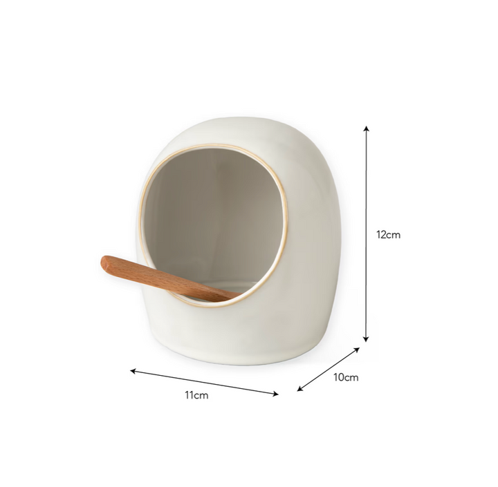 Stoneware Salt Cellar With Wooden Spoon - White