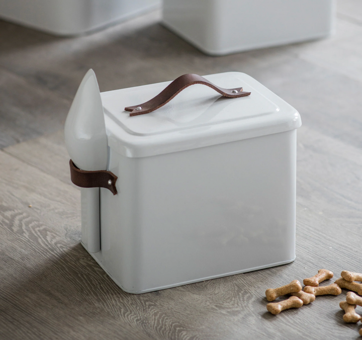 Small Pet Food Bin With Leather Handle - Chalk White