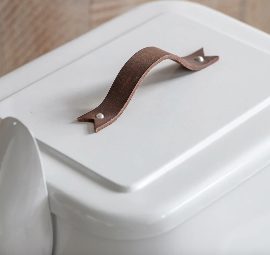 Small Pet Food Bin With Leather Handle - Chalk White