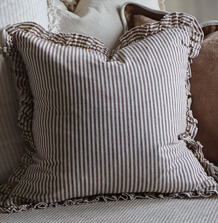 Ellenvale - Ruffled Linen Cushion Cover - Dark Brown Stripe (45cm x 45cm)