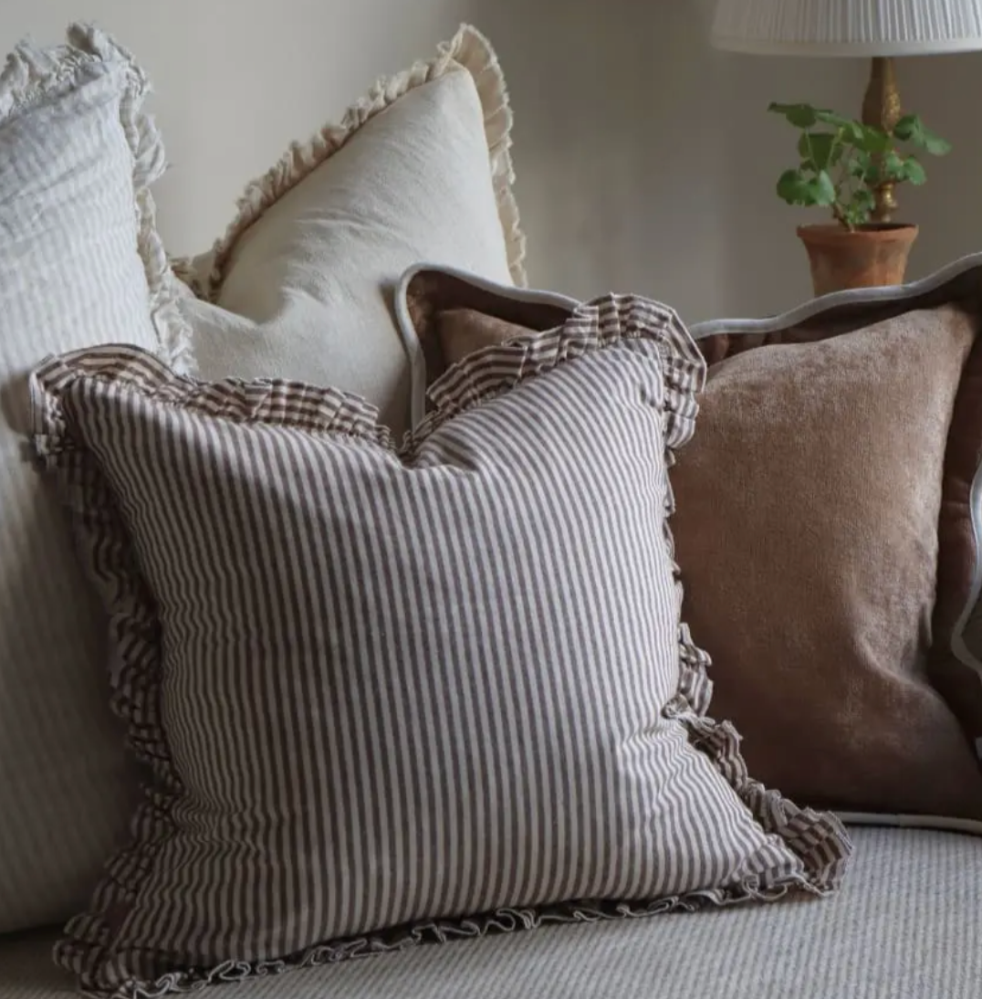 Ellenvale - Ruffled Linen Cushion Cover - Dark Brown Stripe (45cm x 45cm)