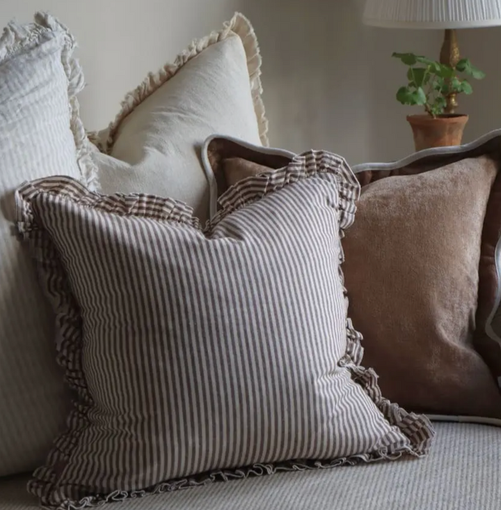 Ellenvale - Ruffled Linen Cushion Cover - Dark Brown Stripe (45cm x 45cm)