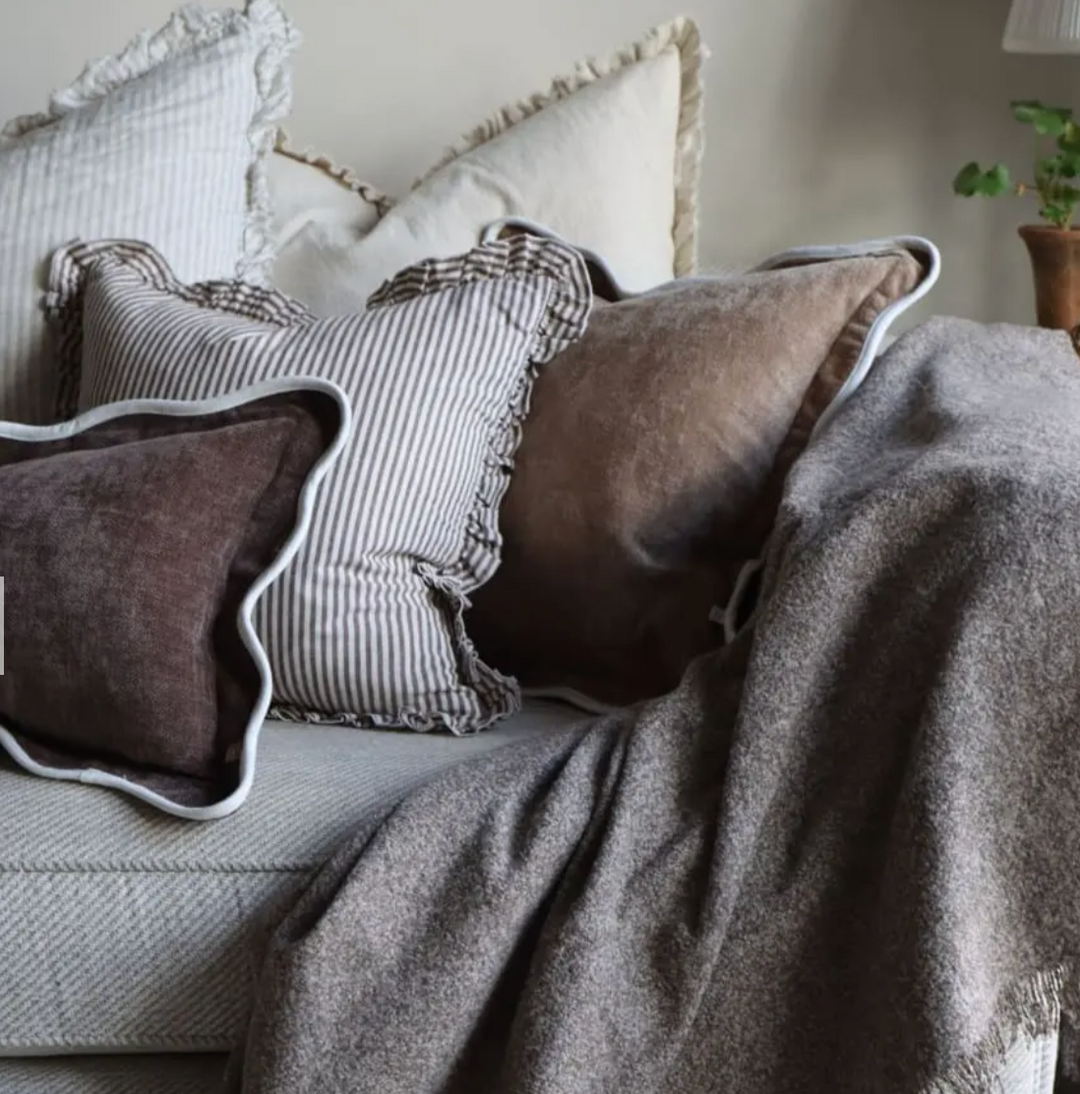 Ellenvale - Ruffled Linen Cushion Cover - Dark Brown Stripe (45cm x 45cm)