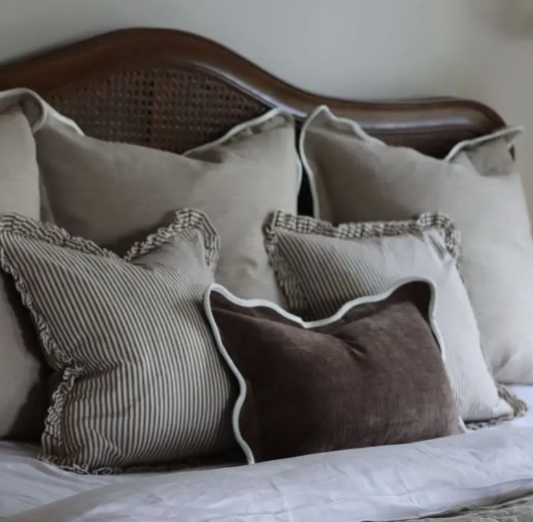 Ellenvale - Ruffled Linen Cushion Cover - Dark Brown Stripe (45cm x 45cm)