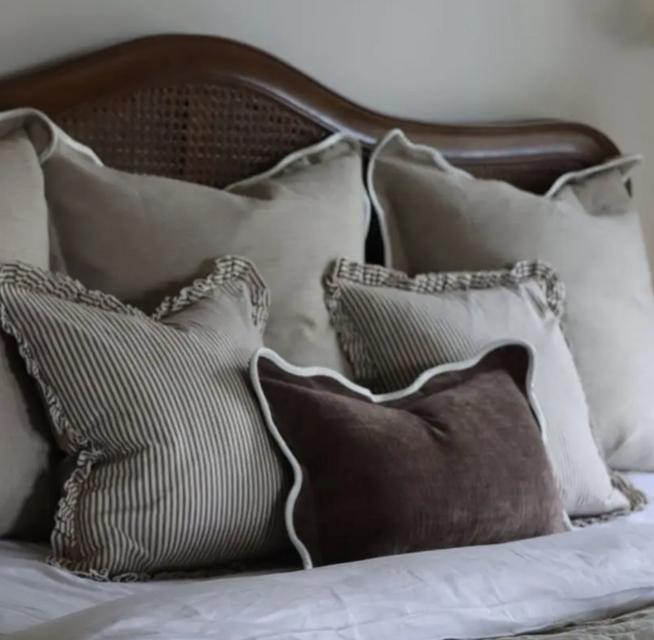 Ellenvale - Ruffled Linen Cushion Cover - Dark Brown Stripe (45cm x 45cm)