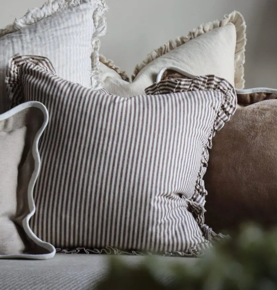 Ellenvale - Ruffled Linen Cushion Cover - Dark Brown Stripe (45cm x 45cm)