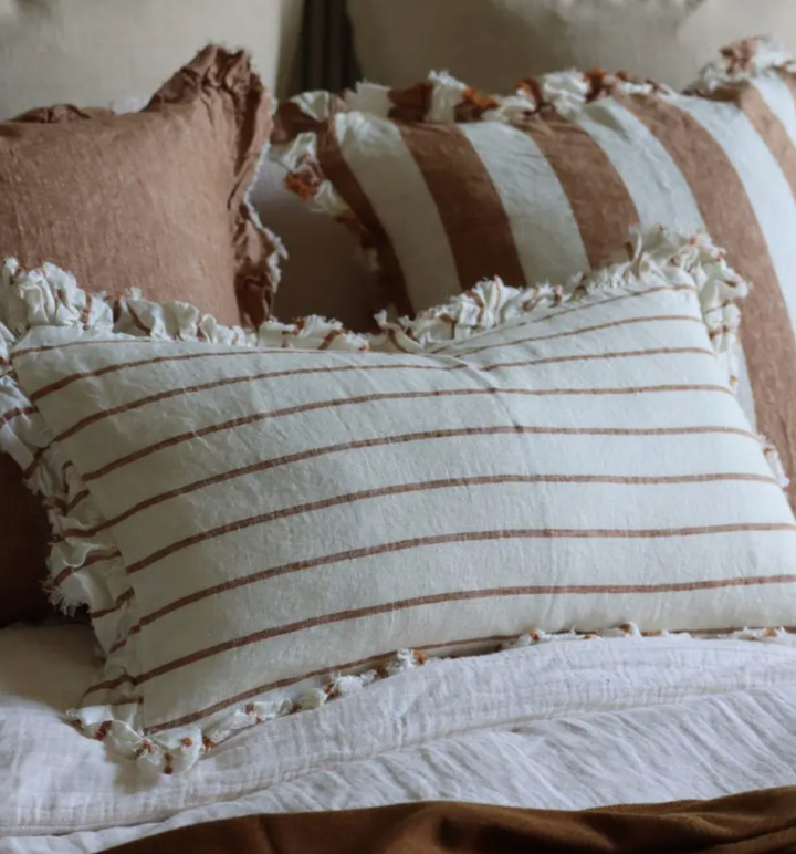 Ellenvale - Ruffled Linen Cushion Cover - Rust &amp; Cream Stripe (30cm x 50cm)