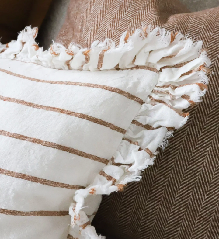 Ellenvale - Ruffled Linen Cushion Cover - Rust &amp; Cream Stripe (30cm x 50cm)