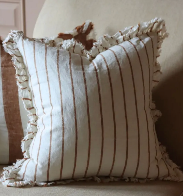 Ellenvale - Ruffled Linen Cushion Cover - Rust &amp; Cream Stripe (45cm x 45cm)