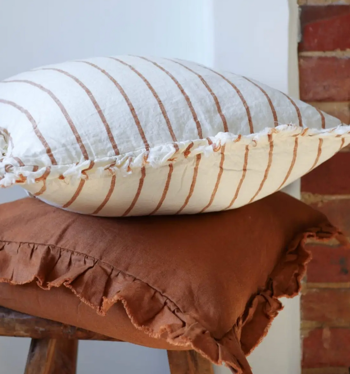 Ellenvale - Ruffled Linen Cushion Cover - Rust &amp; Cream Stripe (45cm x 45cm)