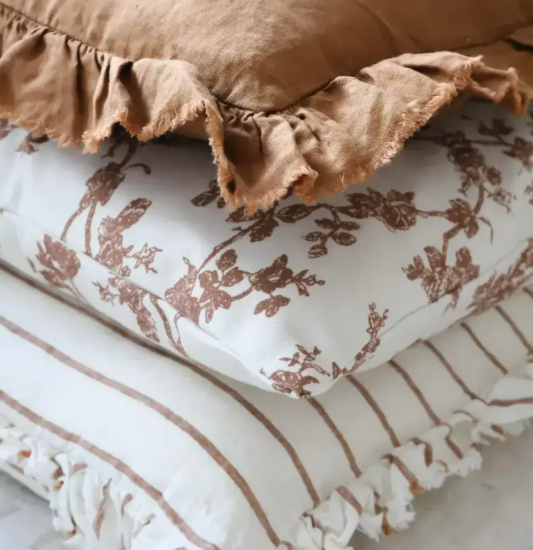 Ellenvale - Ruffled Linen Cushion Cover - Rust &amp; Cream Stripe (45cm x 45cm)