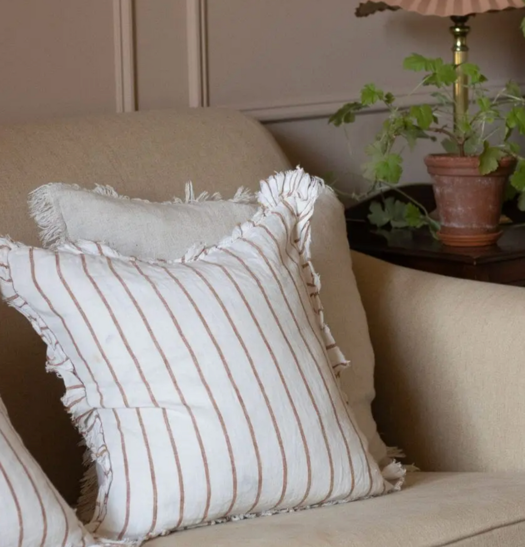Ellenvale - Ruffled Linen Cushion Cover - Rust &amp; Cream Stripe (45cm x 45cm)