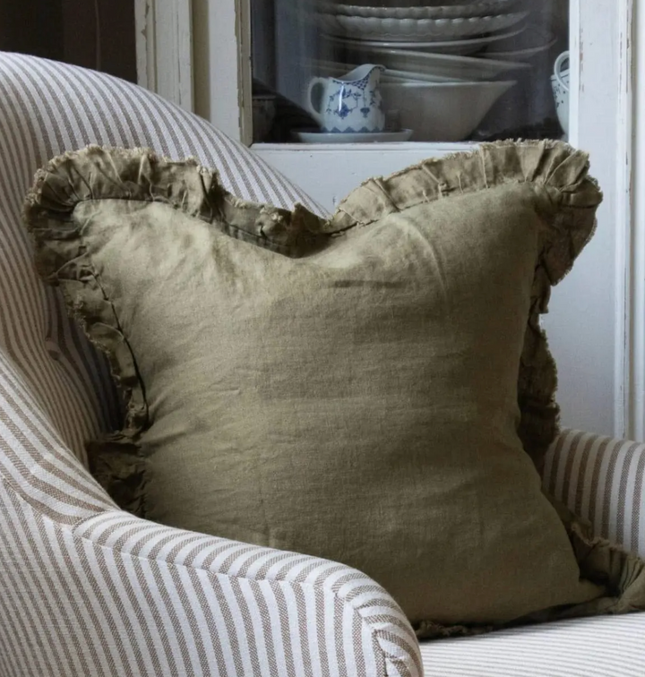 Ellenvale - Ruffled Linen Cushion Cover - Olive Green (45cm x 45cm)