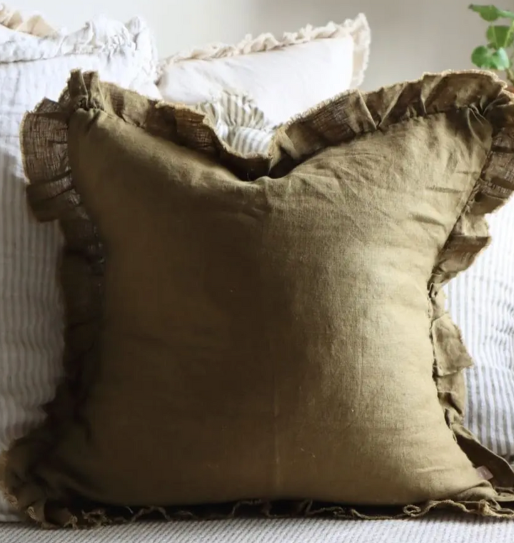 Ellenvale - Ruffled Linen Cushion Cover - Olive Green (45cm x 45cm)