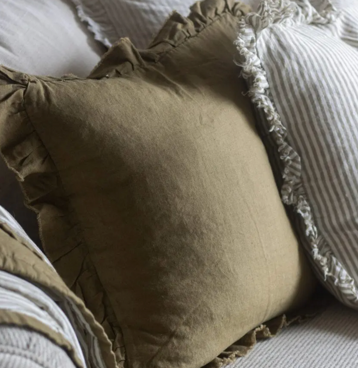 Ellenvale - Ruffled Linen Cushion Cover - Olive Green (45cm x 45cm)